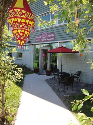Namaste  North Yoga Studio, Café and Boutique.
located on the corner of 2nd Avenue and E street Downtown Anchorage.
Serving organic coffee, tea, vegan friendly and vegetarian sandwiches and soups. at Namaste North Yoga Studio Cafe in Anchorage