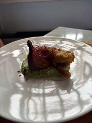 Tofu stuffed Squash Blossom with carmelized onion   at Dulcisinfundo in San Gimignano