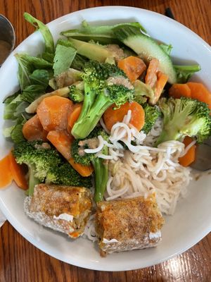 Rice bowl made vegan, also subbed veggies for tofu. The egg roll can also come vegan and gluten-free as shown here.  at Saigon Corner in Scranton