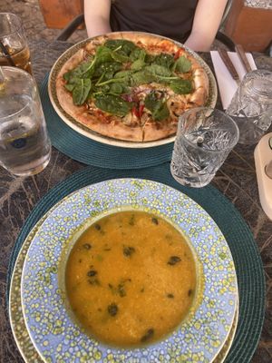 Veggie pizza and butternut squash soup. Large water and peach iced tea.  at Alfredo in Albufeira