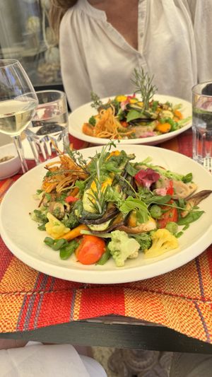 Vegan chef-inspired dish: myriad of veg on a base of polentaa  at Aromatik in Aigues-mortes