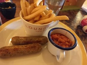 Kids' vegan sausages, beans and chips at Panadero Lounge in Macclesfield