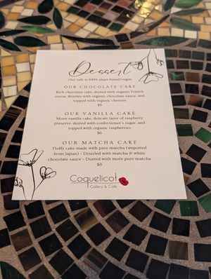Dessert menu at Coquelicot Gallery and Cafe in Palatine