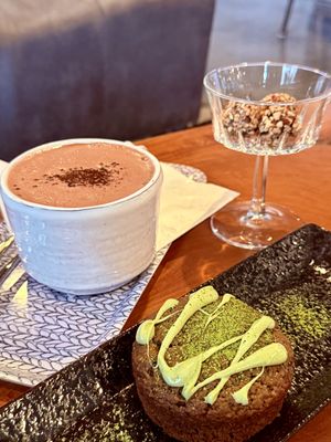Matcha cake, hot chocolate and small bites   at Coquelicot Gallery and Cafe in Palatine