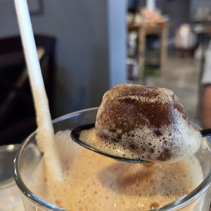 Ice in iced coffee at Coquelicot Gallery and Cafe in Palatine