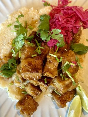 New dish 6/21/25 lime glazed tofu on lemony grits  at Coquelicot Gallery and Cafe in Palatine