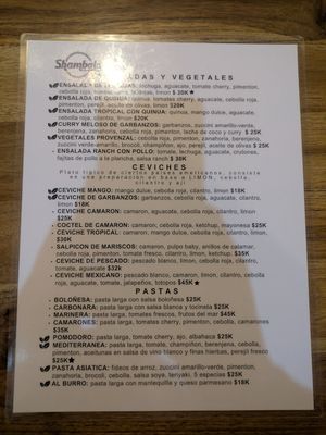 Menu at Shambala in Barichara