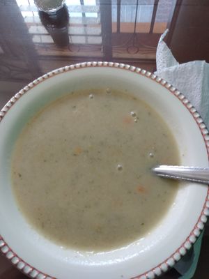 Oatmeal soup with veggie bits at Trigo y Miel in San Gil