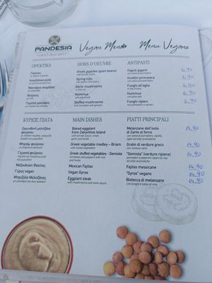 Vegan menu at Pandesia in Zakynthos