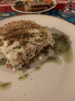 Lasagnette al forno con ragù di lenticchie e olio alla salvia  at La Cena di Pitagora in Ponte Nizza