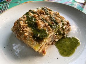 Baked lasagnette with lentil ragout and basil oil  at La Cena di Pitagora in Ponte Nizza
