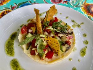 Chickpea cream with marinated vegetables and lentil wafers  at La Cena di Pitagora in Ponte Nizza