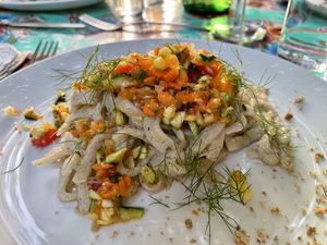 Our homemade pasta: scialatielli with vegetable couscous, carrot and sun-dried tomato pesto, aromatic herbs  at La Cena di Pitagora in Ponte Nizza