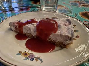 Strawberry cheesecake with fermented cashew and coconut cream  at La Cena di Pitagora in Ponte Nizza