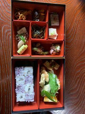 An amazingly delicious vegan bento box.   at Traditional Japanese House NAKAMURA - 古民家なかむら  in Fujikawaguchiko