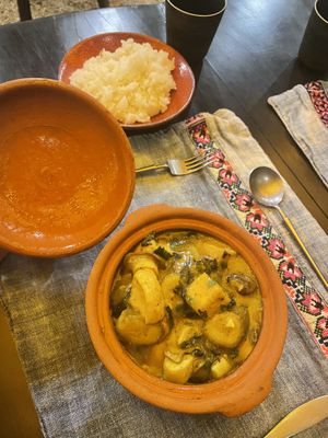 Braised green bananas, mushrooms and tofu (lots of coriander)  at SU - Sapa Vegetarian Restaurant in Sapa