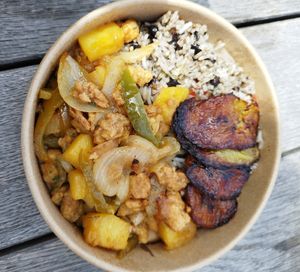 Soya pieces, banana, rice and beans and pineapple at Carambola - Maybe closed in Geneva