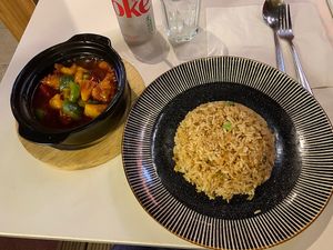 Sweet and sour stir fried chicken with rice  at Cafe Soya in Birmingham