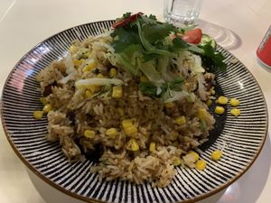 Mock chicken with corn fried rice. 👌👌  at Cafe Soya in Birmingham