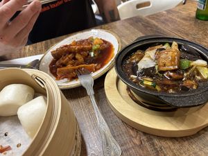 Steamed buns, fruity ribs, tofu and aubergine in black bean sauce   at Cafe Soya in Birmingham