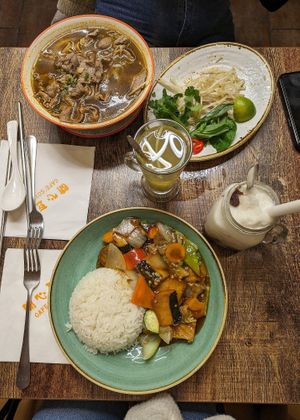 Vegan fish 🐠 tofu and veggies with rice 🍚 + red bean soy shake at Cafe Soya in Birmingham
