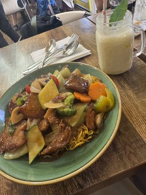 Crispy noodles - substituted the vegetarian meats for extra vegan meats. Vegan coconut milkshake.    at Cafe Soya in Birmingham