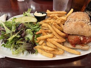 Vegan meatball sandwich with vegan Parmesan and vegan coleslaw   at Carnegie Diner & Cafe in Secaucus
