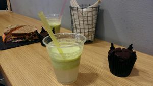 Juices, muffin, and Club Sandwich at Malerba in Bologna