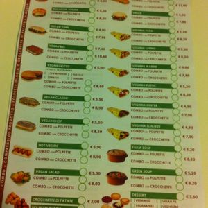 Menu at Universo Vegano in Turin