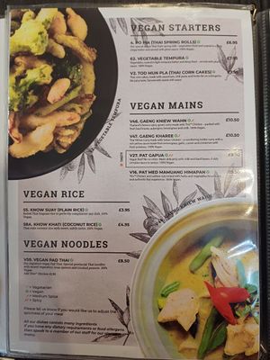Separate vegan menu at Thai One in Colchester