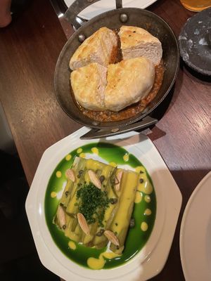 Leek and bread with mushroom ragu  at Holy Carrot in West London