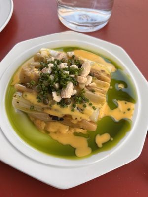 Grilled leaks with different scrumptious sauces  at Holy Carrot in West London