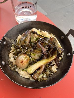 Smoked tofu orzo with chargrilled wild garlic and shallots   at Holy Carrot in West London