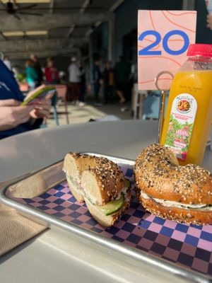 Everything bagel with vegan cream cheese, pickled onions and cucumbers  at Flour Moon Bagels in New Orleans