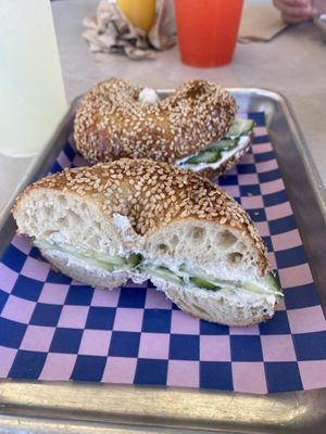 Sesame bagel with Monty’s vegan cream cheese and cucumber slices   at Flour Moon Bagels in New Orleans