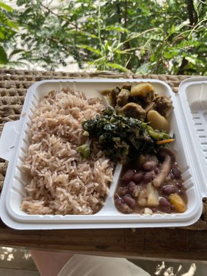 Rice stew callaloo veg chunks curry  at Reflections Natural Rastarant in Ocho Rios