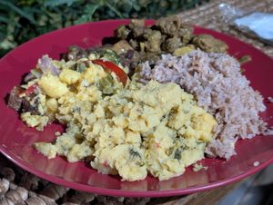 Huge plate with veg chunks, rice and beans, coconut polenta and ackee at Reflections Natural Rastarant in Ocho Rios