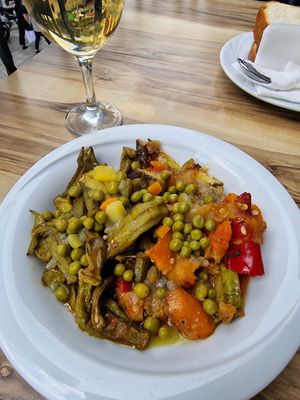 Asked a mix of stewed veggies and okra with a spoon of veggie soup on top. Yum! at Kastrati in Tirana