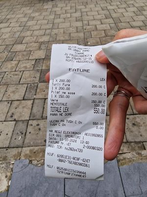 Big bowl okra and veggie stew, beets, wine at Kastrati in Tirana