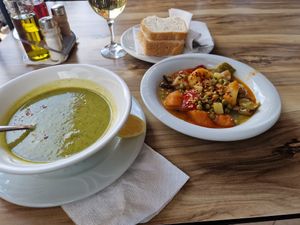 Vegan broccoli soup and veggies at Kastrati in Tirana