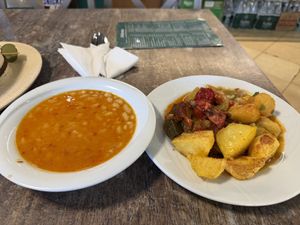 Beans, stuffed eggplant, mixed veggies, potatoes  at Kastrati in Tirana