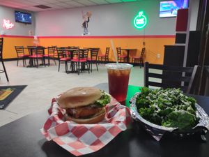 Buffalo Chicken Burger, meal combo w/ mini kale salad, & sweet tea. at Romeo's in Asheville