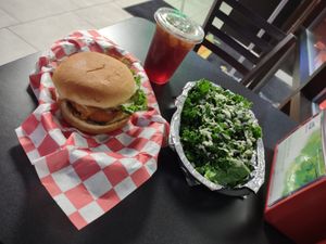 Buffalo Chicken Burger, meal combo w/ mini kale salad, & sweet tea at Romeo's in Asheville