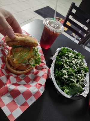Buffalo Chicken Burger, meal combo w/ mini kale salad, & sweet tea at Romeo's in Asheville