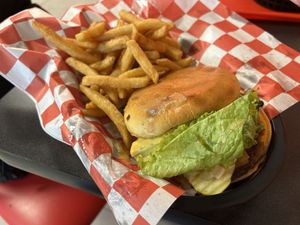 The Mac Burger with fries   at Romeo's in Asheville