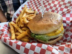 All American burger with fries.  at Romeo's in Asheville