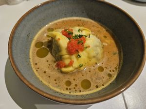 Homemade mushroom ravioli & seaweed caviar at Sannie in Ratingen