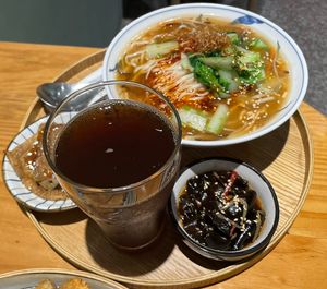 Hot and sour noodles. With Mei Shu Zai signature ice tea    at Mei Shu Zhai - 美蔬齋  in Kaohsiung