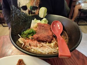 Soy sauce and chili ramen (Red ramen) at Vegan Ramen Mei - Roma in Mexico City