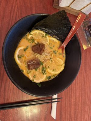 Lemon spicy tonkotsu ramen 💚  at Vegan Ramen Mei - Roma in Mexico City